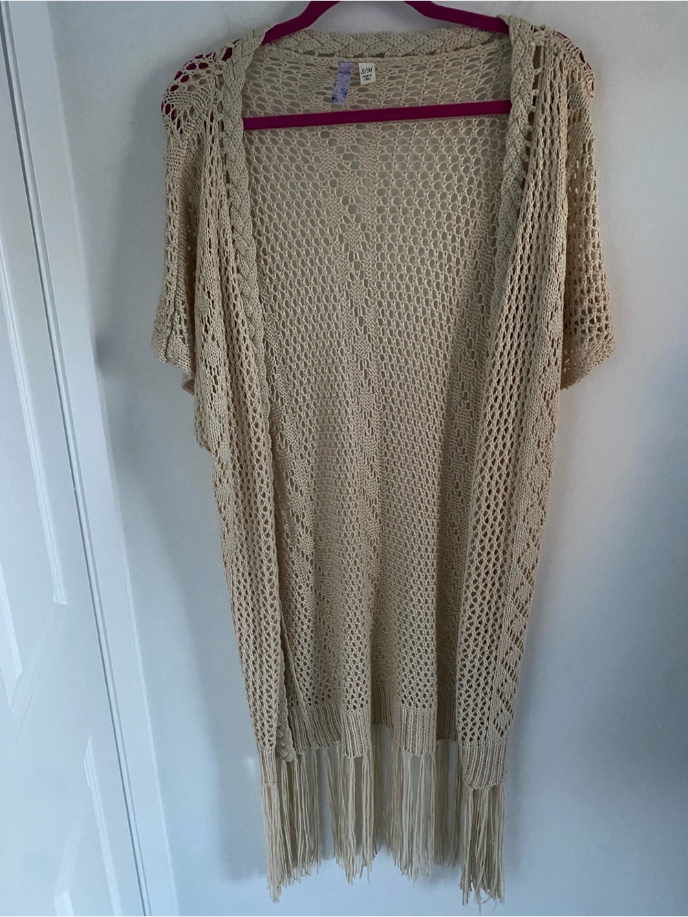 Alya Cream Open-Knit Crochet Fringe Duster